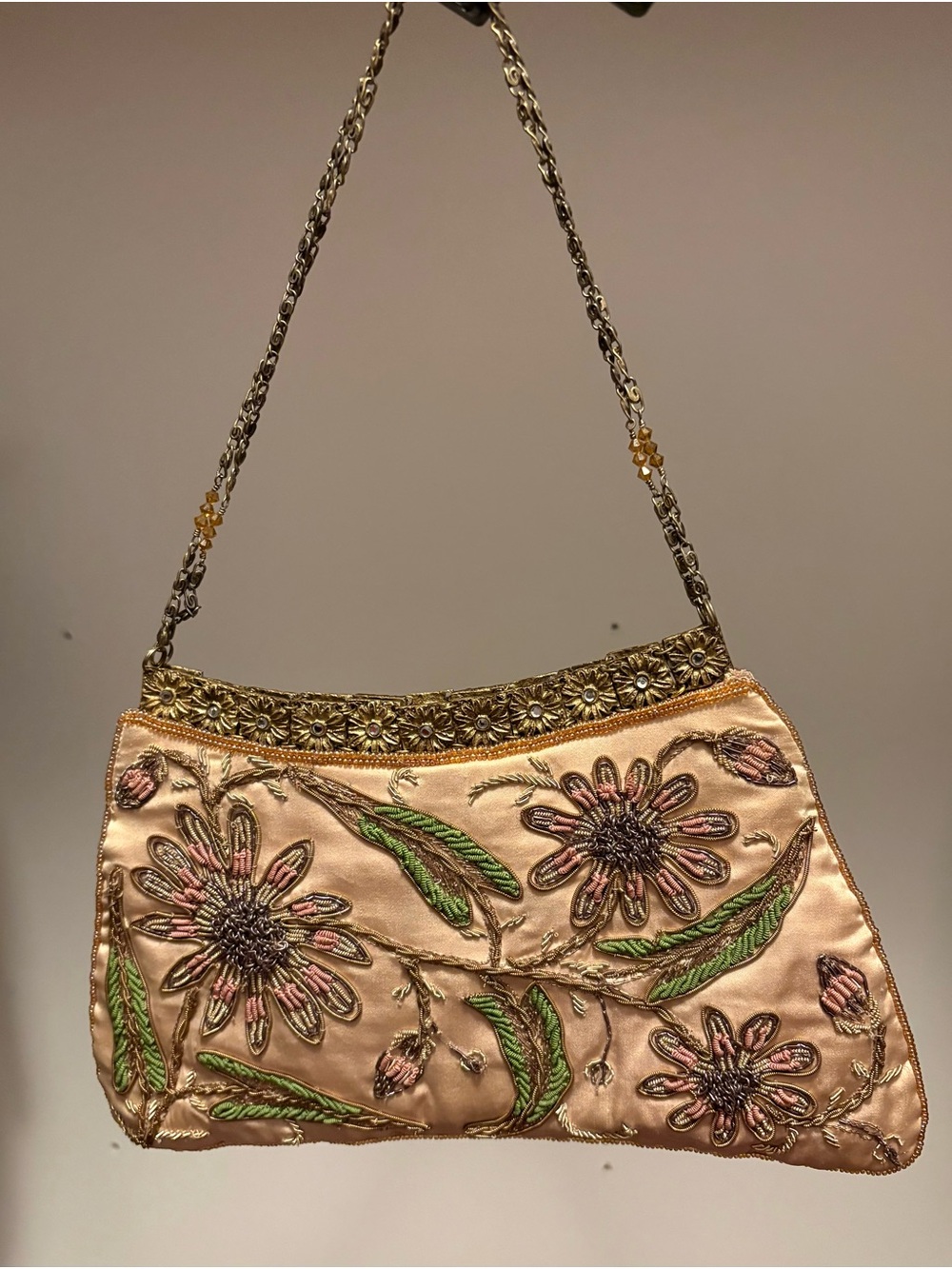 Moyna Embroidered Floral Satin Evening Bag with Chain Strap